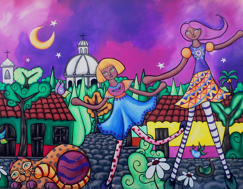 Detalle colorido de un mural en Ataco